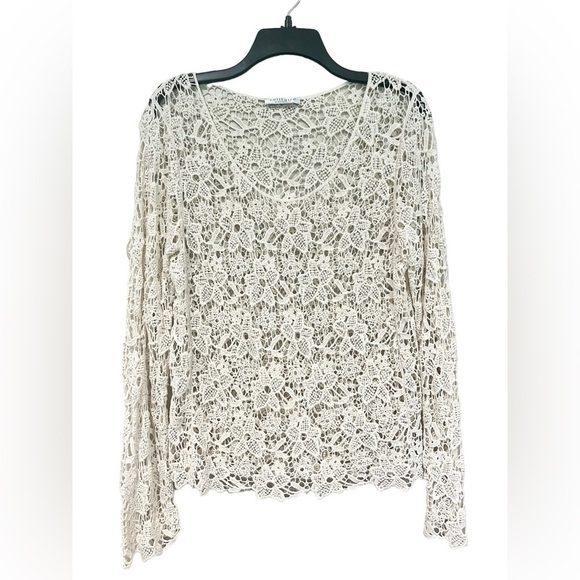 Solitaire Long Sleeved Crochet Beige Top Blouse Size Small 90s Y2K Vibes - Picture 1 of 4